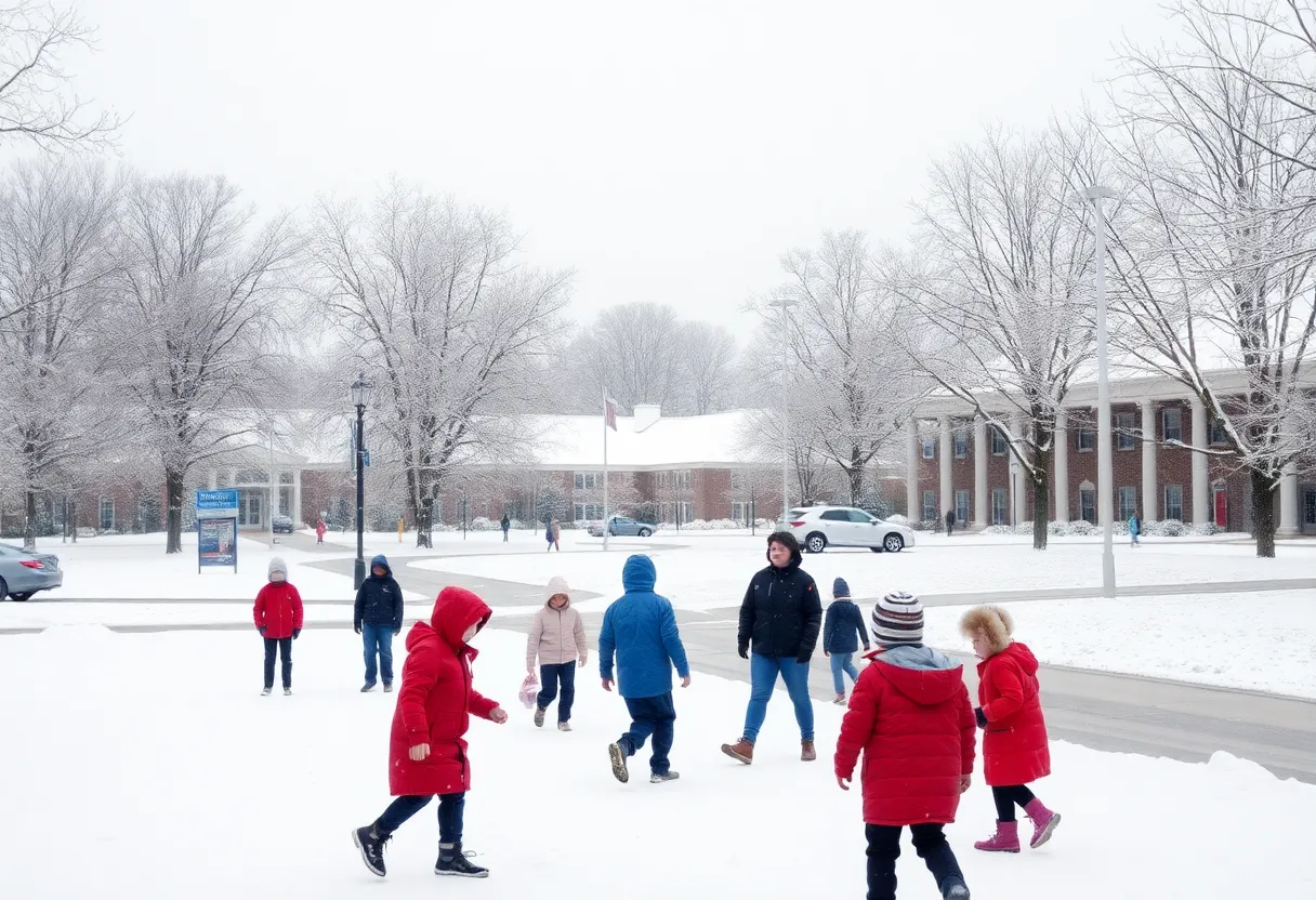 Snowy landscape in Columbia, S.C. with trees and school buildings