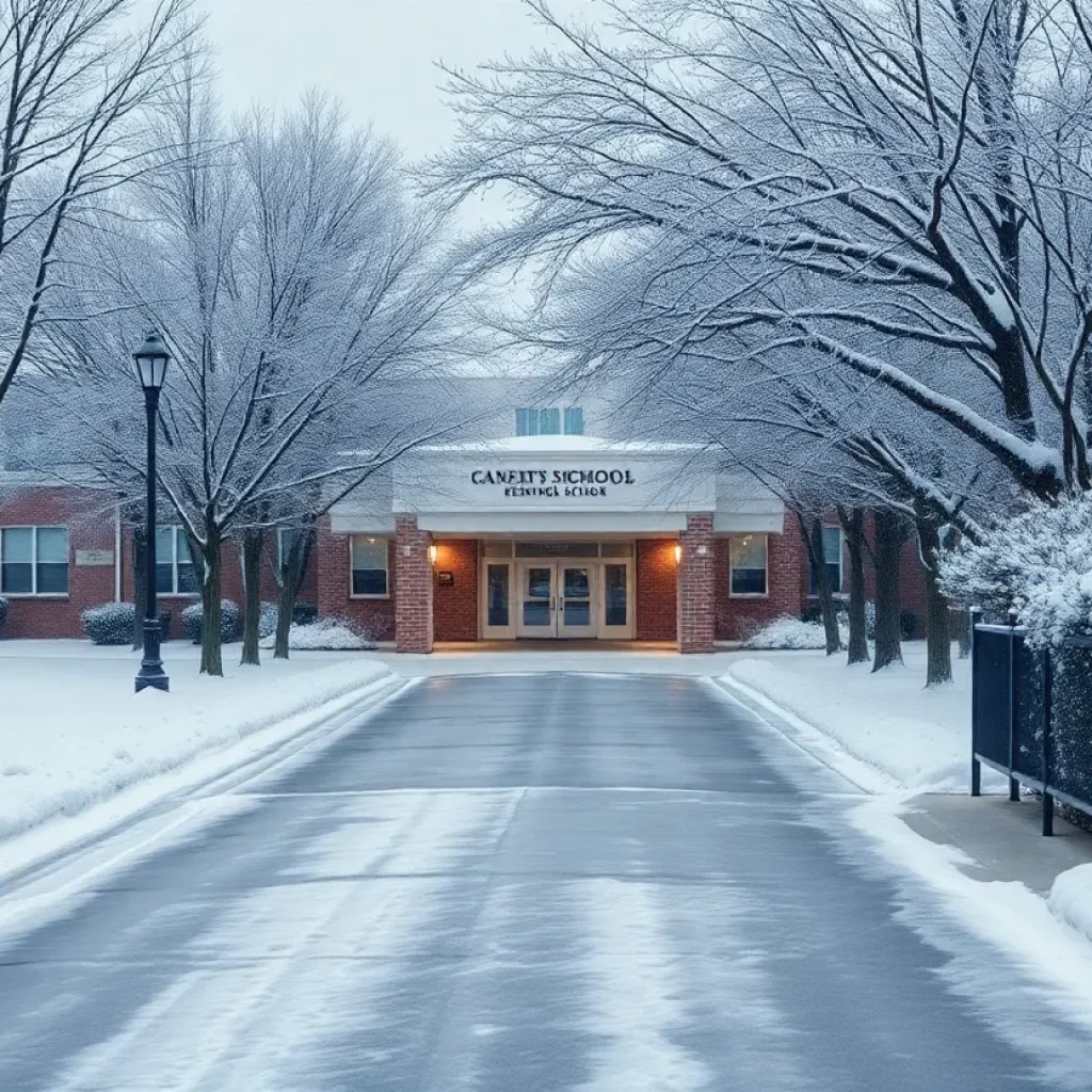 Snow-covered school entrance with icy sidewalks