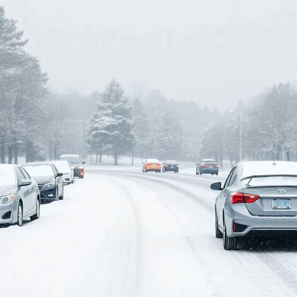 Snow-covered street in Central South Carolina