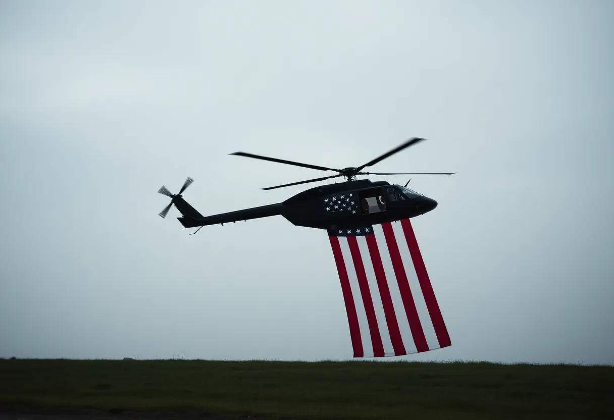 A helicopter flying over a field with an American flag in the foreground