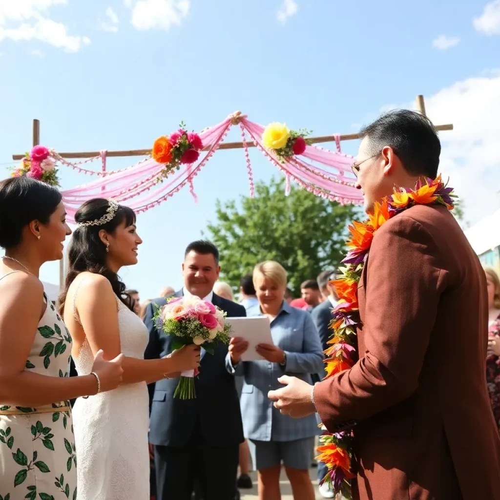 Couples celebrating free gay weddings at Y'all-Mart