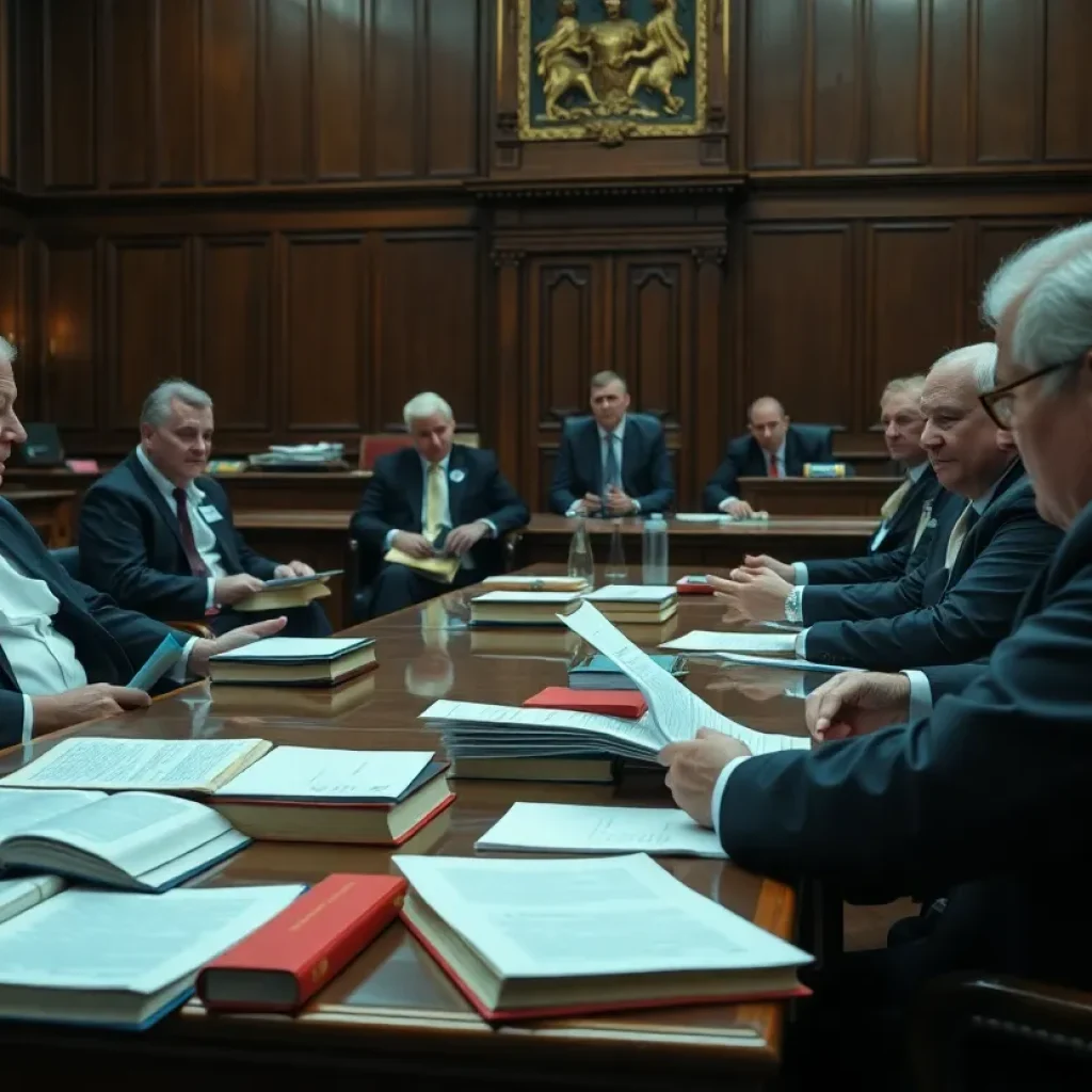 Courtroom scene during a defamation case hearing