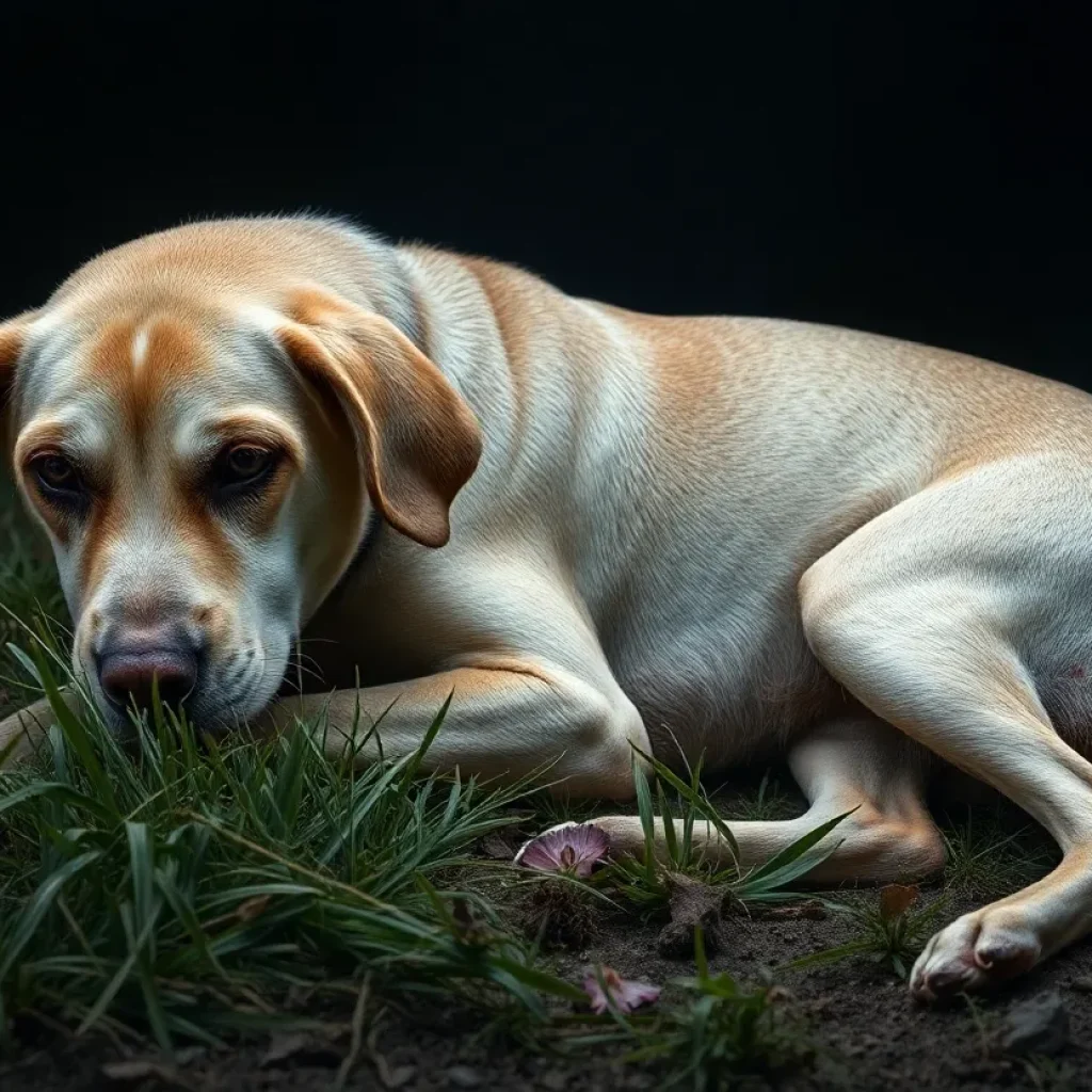 An emaciated dog lying helplessly on the ground