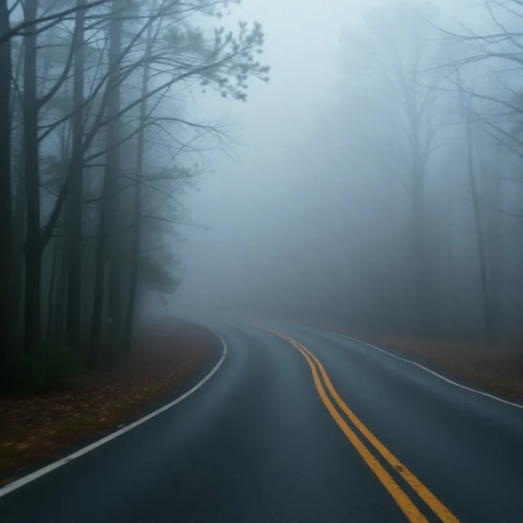 Dense fog covering a road in Central South Carolina