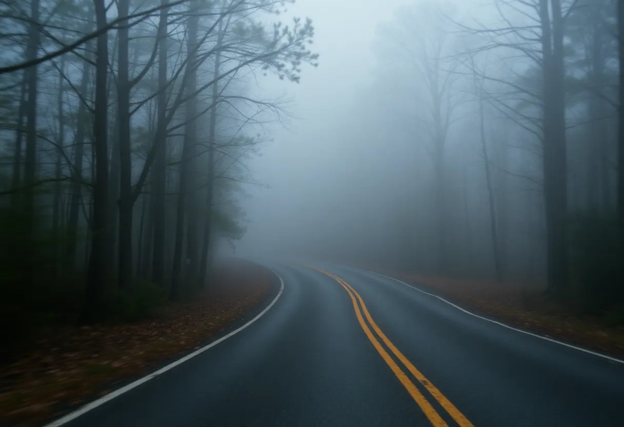 Dense fog covering a road in Central South Carolina