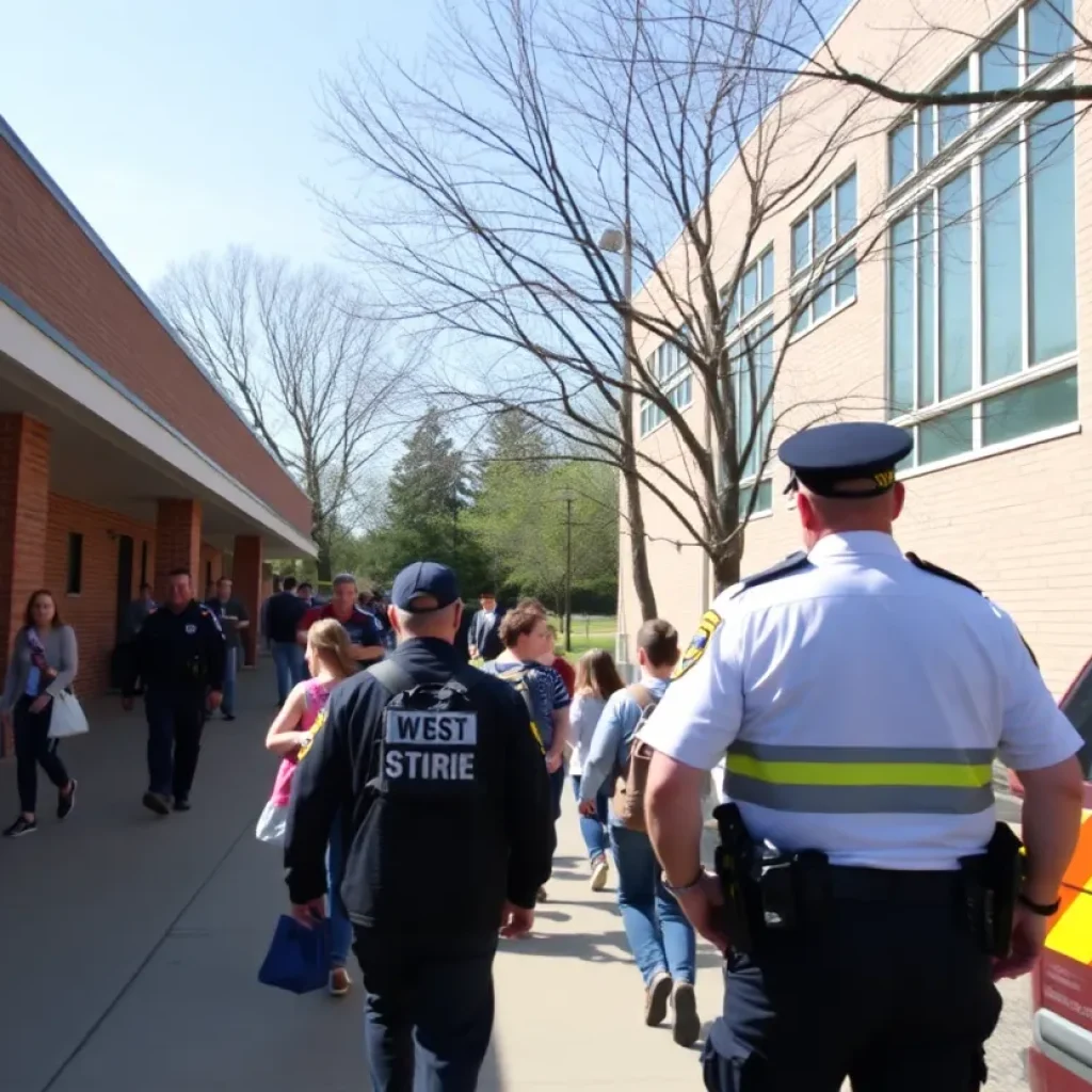 Students and staff evacuating a Kentucky school with police present.