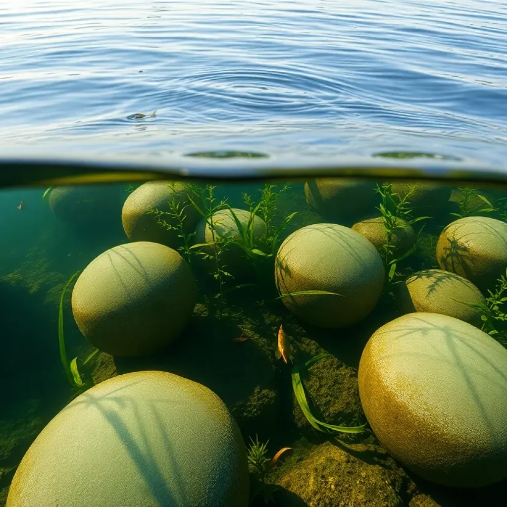 Dome-shaped reef balls submerged in Lake Murray