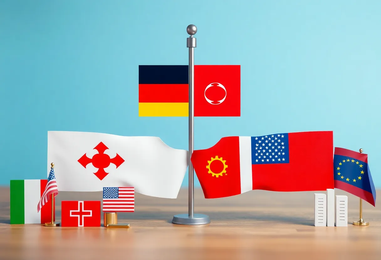 Illustration of trade discussions between North America represented by flags.