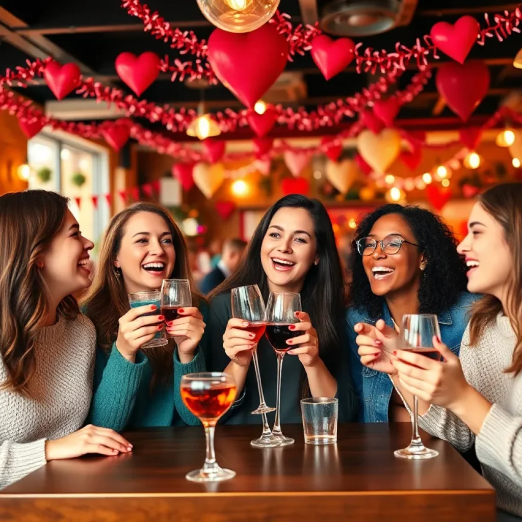 Friends enjoying Galentine's Day in a cafe