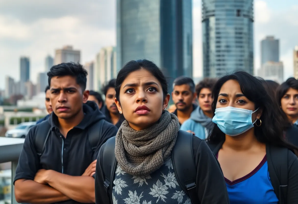 Concerned Venezuelan migrants gathered in an urban setting