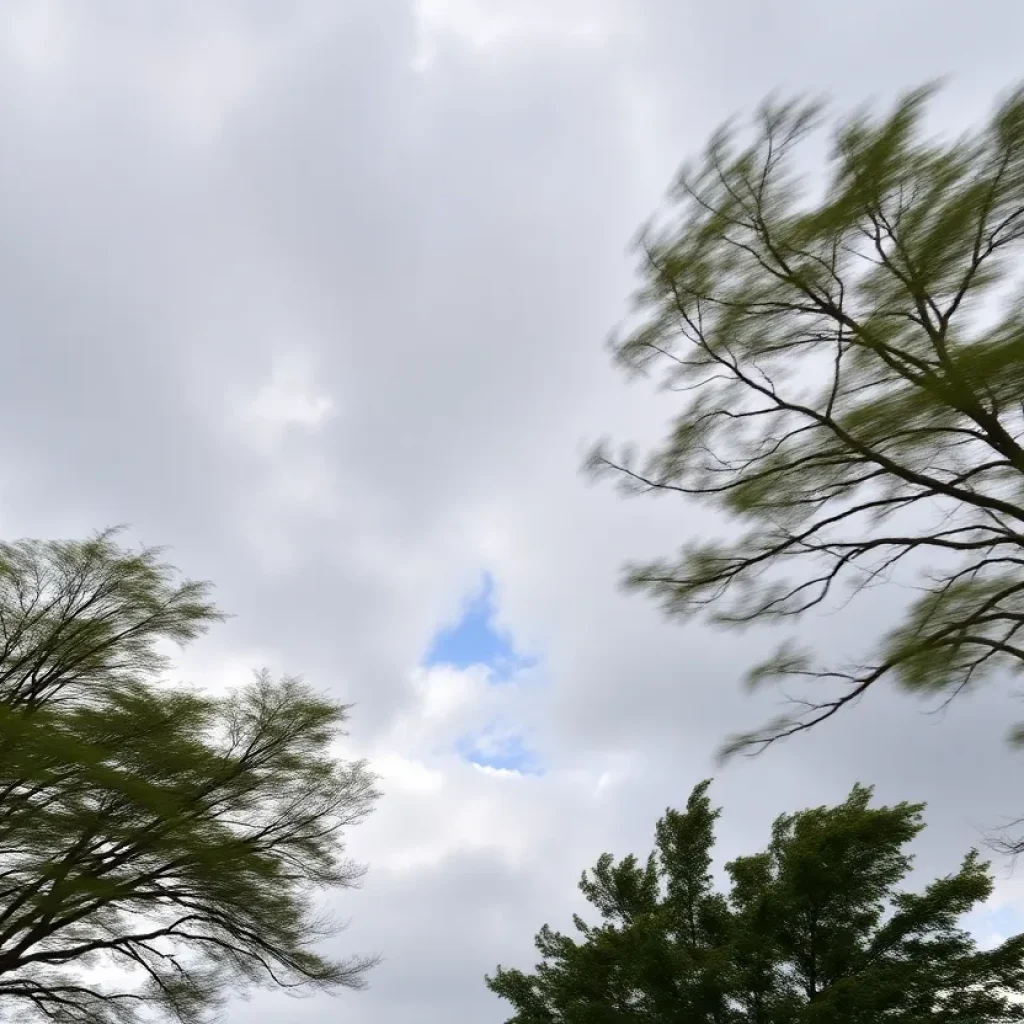 Strong winds blowing through trees during a wind advisory in South Carolina