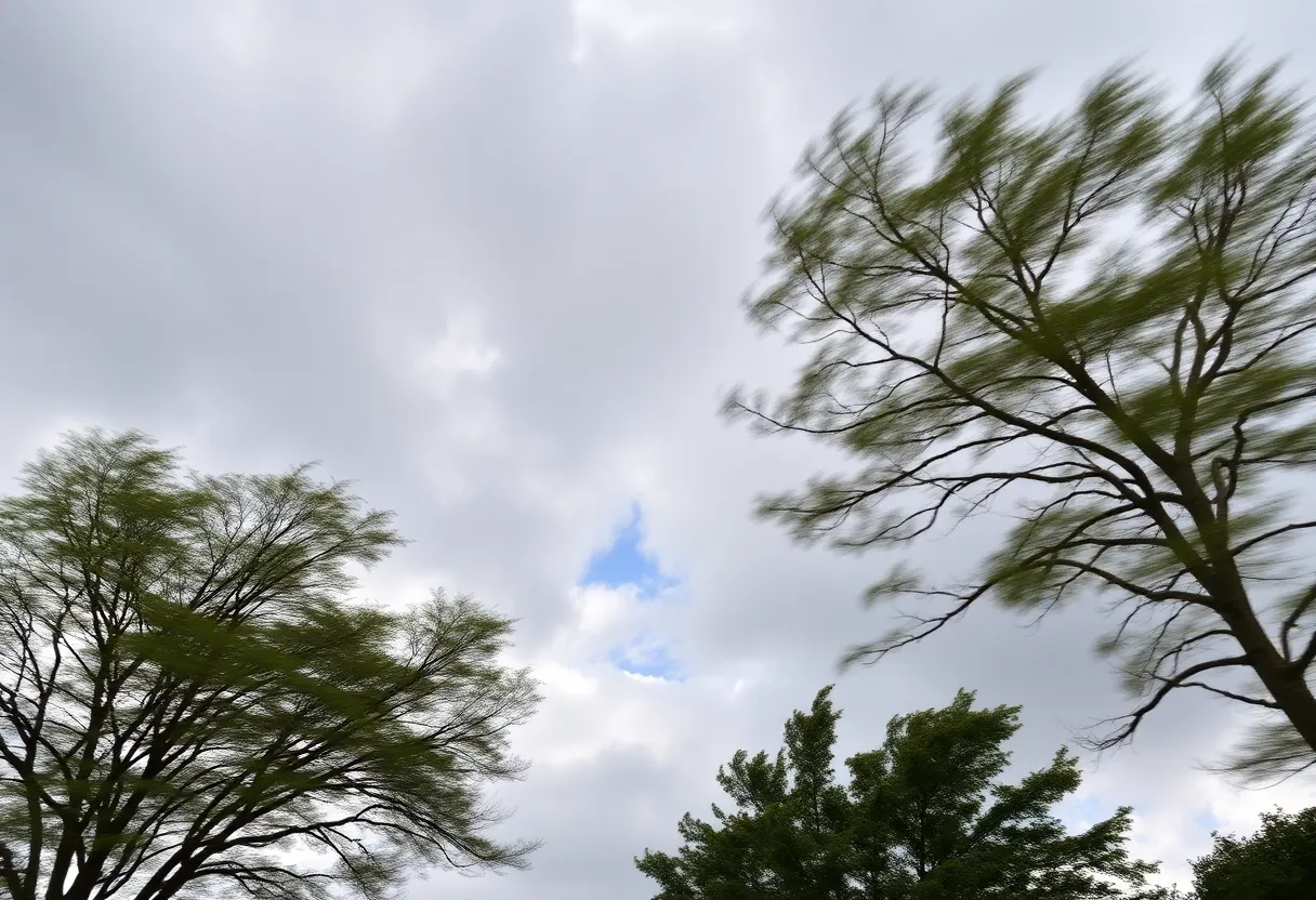 Strong winds blowing through trees during a wind advisory in South Carolina