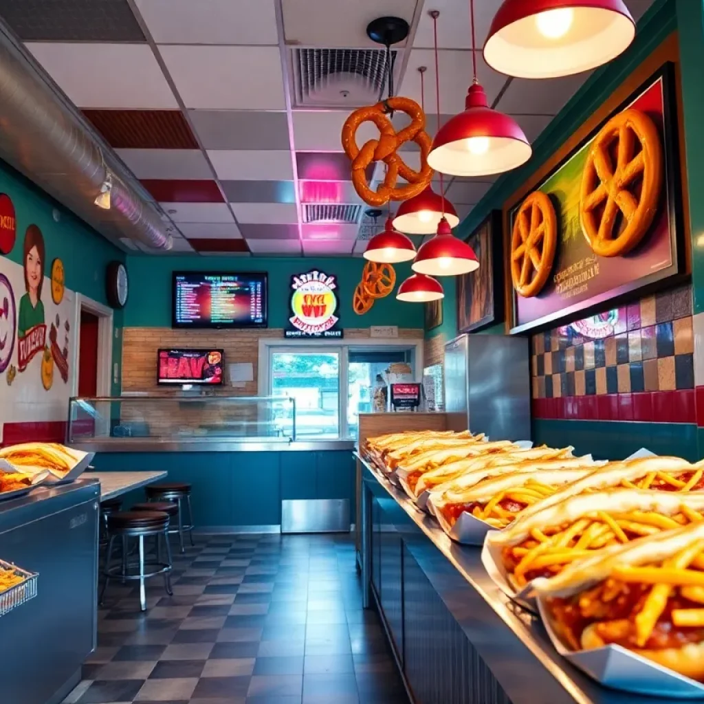 Interior view of Big Dave's Cheesesteaks with cheesesteaks and pretzels on display