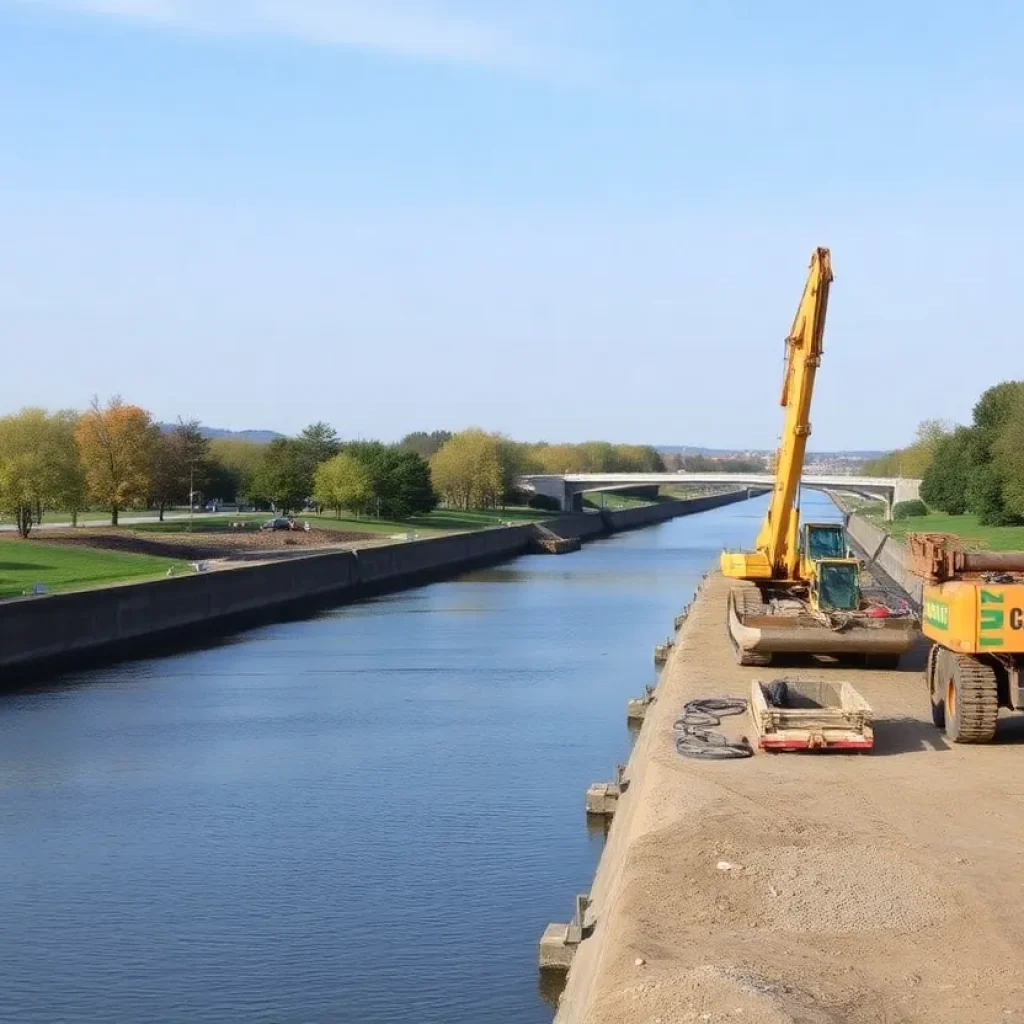 Construction equipment near Columbia Canal for repairs