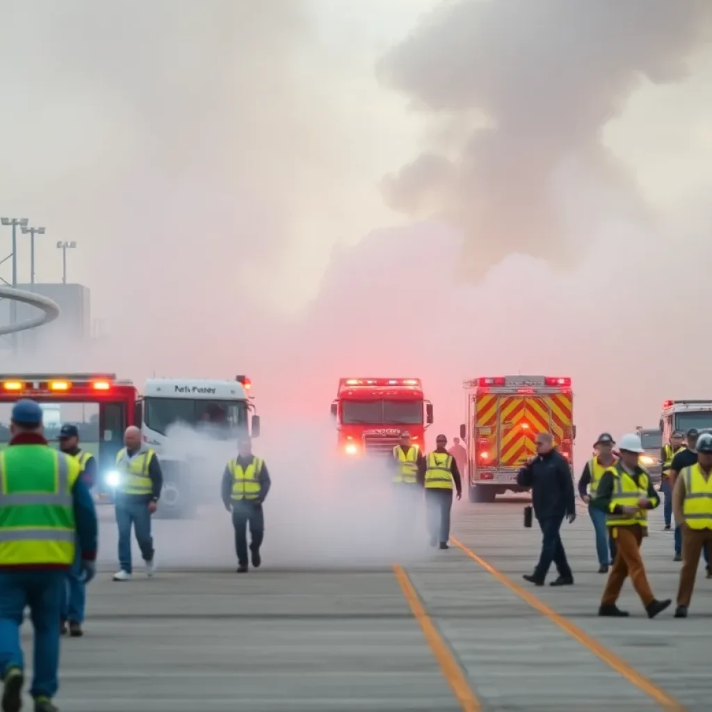 Emergency training exercise at Columbia Metropolitan Airport with smoke and emergency vehicles.