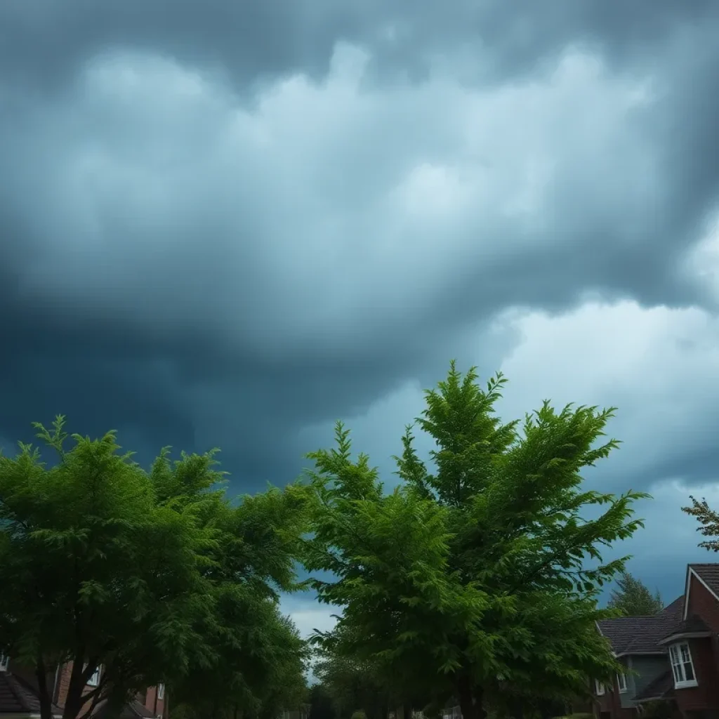 Dark storm clouds with strong winds and rain in a suburban setting