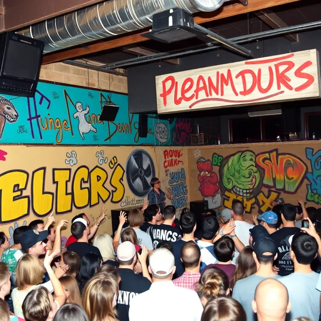 A bustling DIY music venue with colorful murals and an enthusiastic crowd.