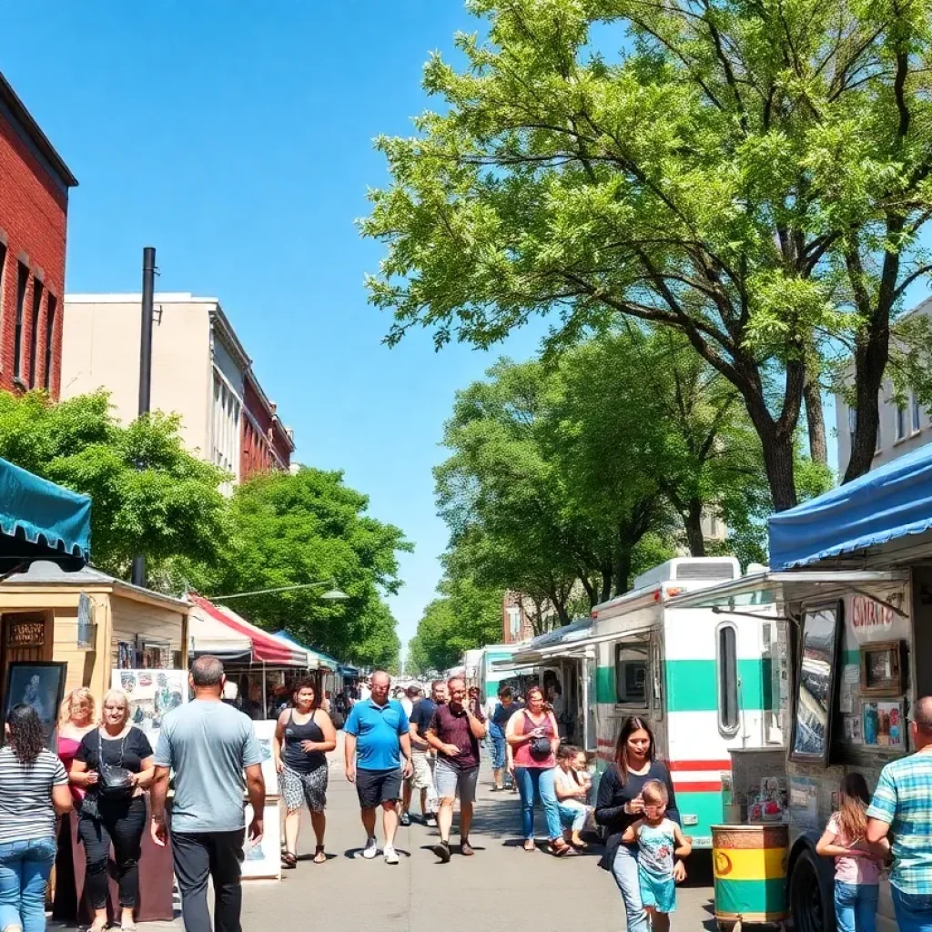 Stalls filled with artworks and food trucks at the Cottontown Art Crawl