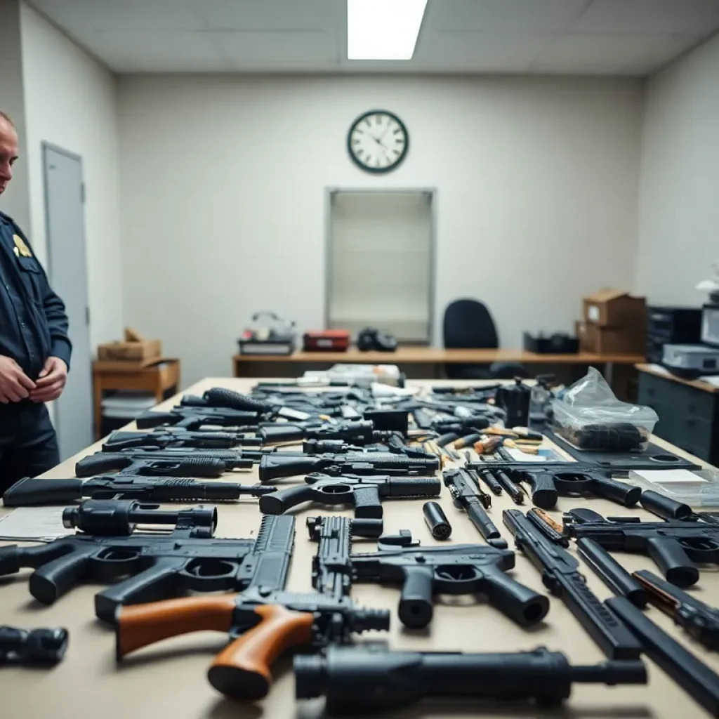 Seized firearms and stolen goods on a table in a police evidence room