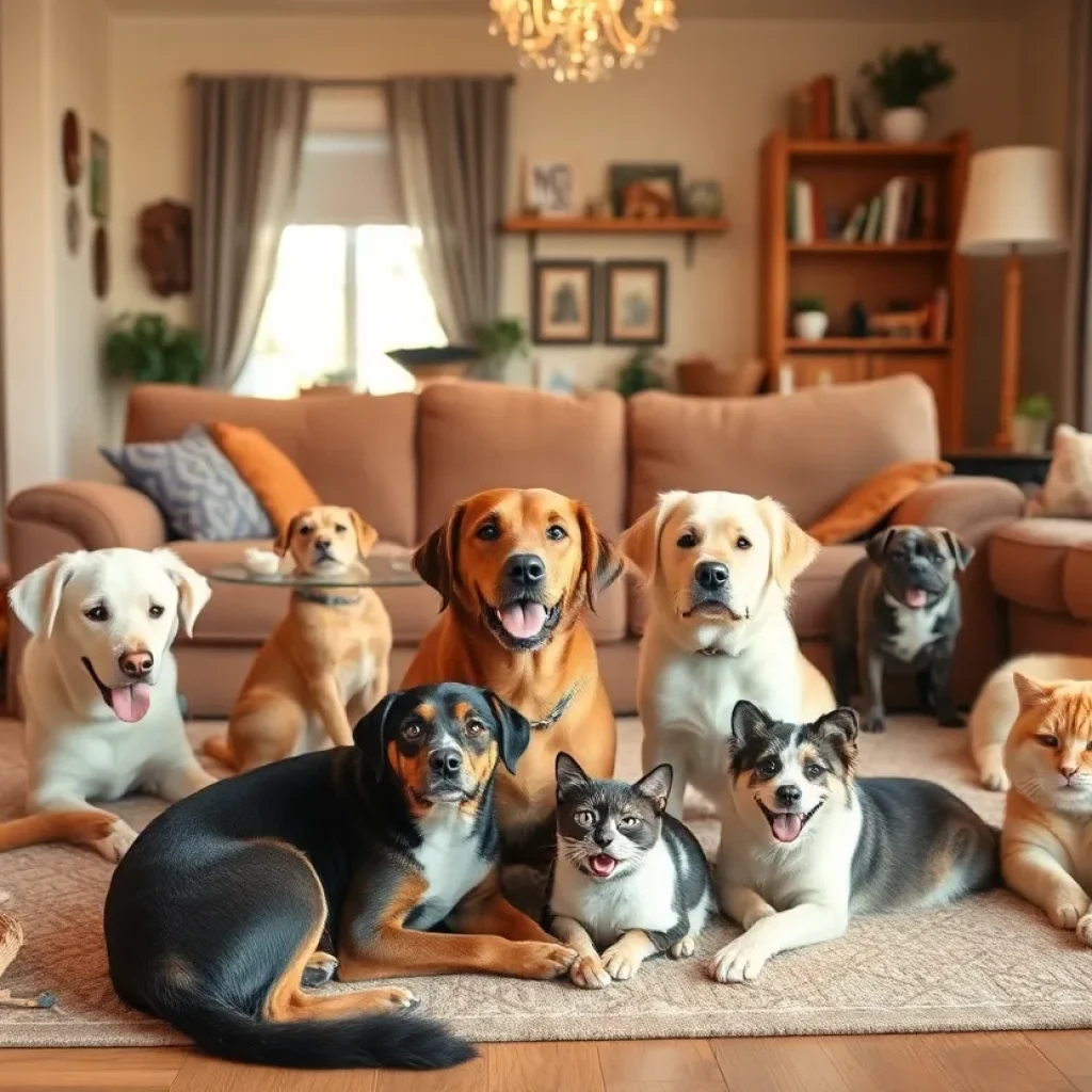 Dogs and cats relaxing in a foster home