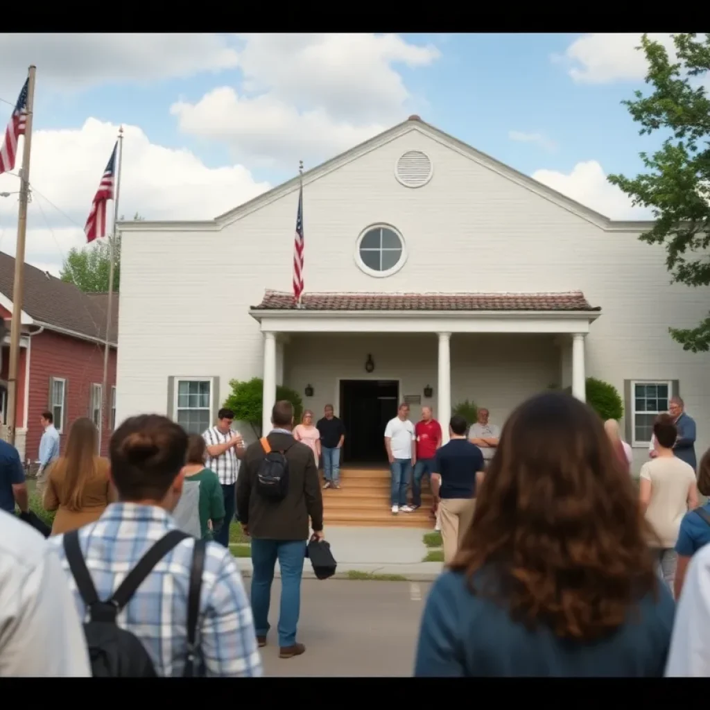 Residents of Irmo gathering outside a government building in concern over local leadership issues.