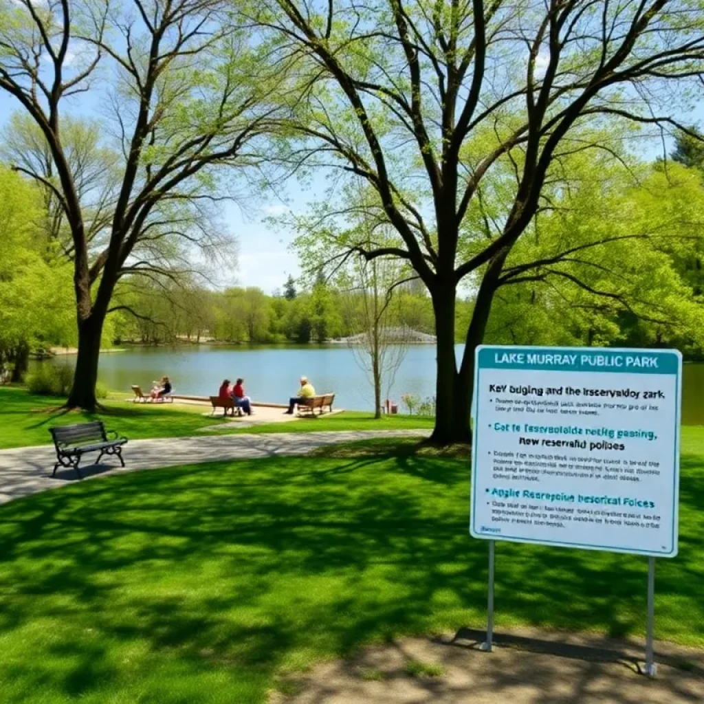 Spring view of Lake Murray Public Park showing greenery and visitors.