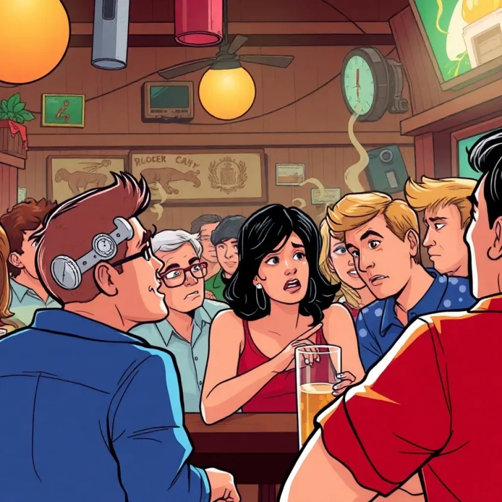 Illustration of a bar scene with patrons witnessing a heated argument.