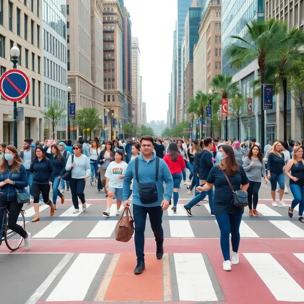 Pedestrians crossing safely on Meeting Street with bike lanes and greenery