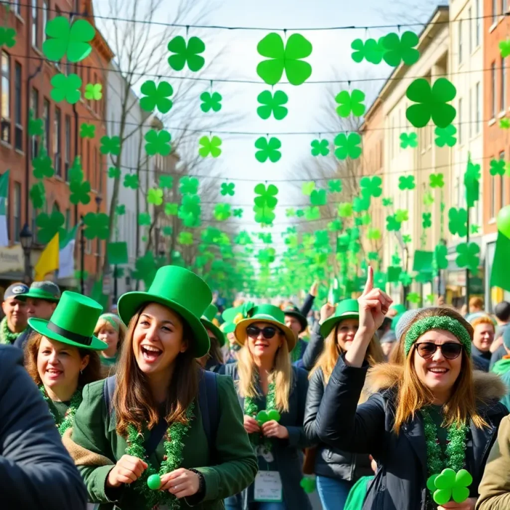 Participants in the Shamrock Parade wearing green attire and celebrating Irish heritage in Lexington.